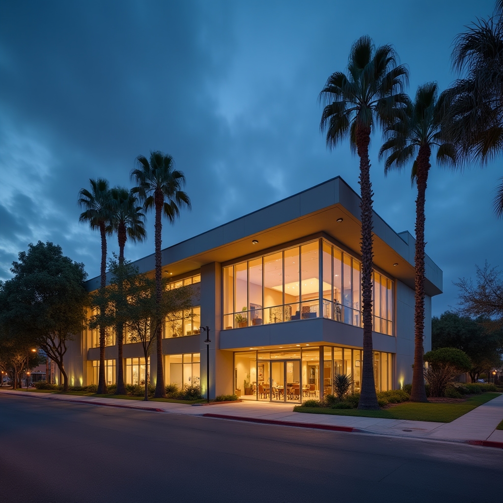 Exterior view of the office building along El Camino Real in the early evening